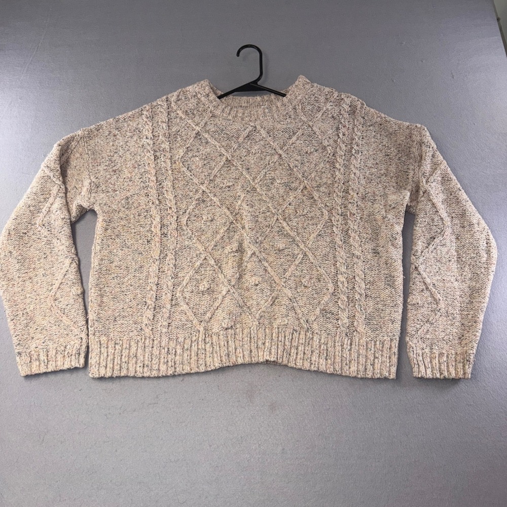 Cable Knit Sweater Womens XL Oatmeal Fisherman Speckled Diamond Pullover